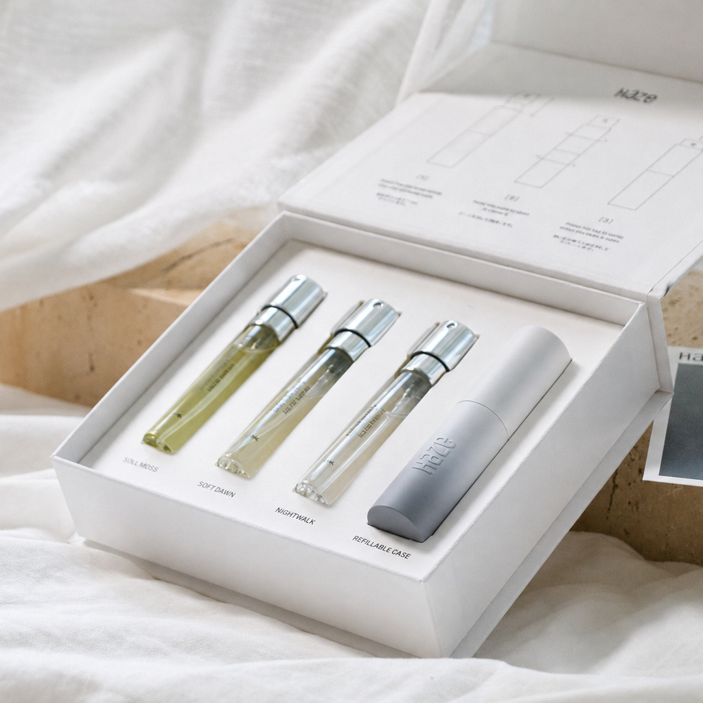 HÄZE Tokyo Starter Setの3種類の10mLフレグランスリフィルと専用リフィラブルケース