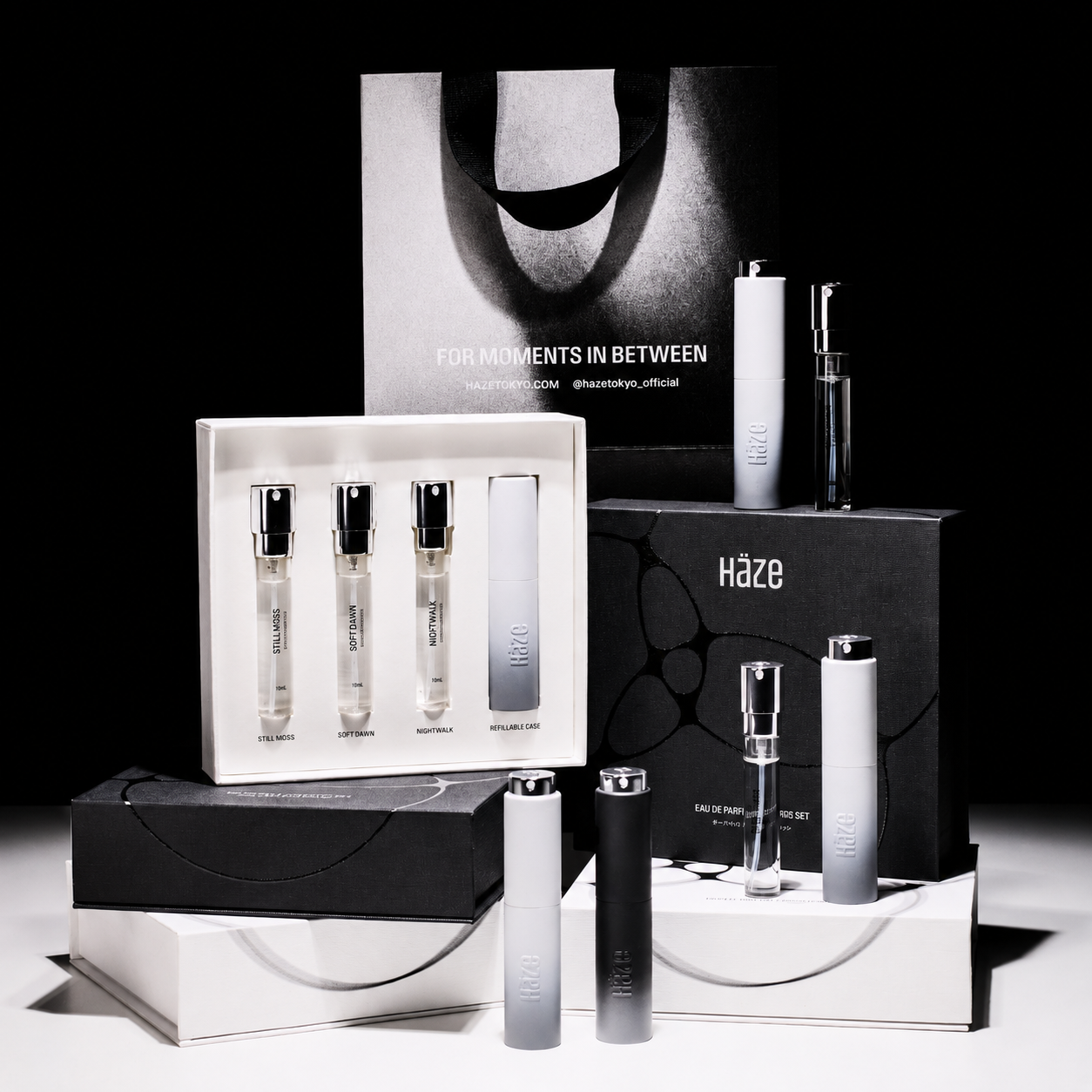 HÄZE Tokyoの香水Starter Set、10mLリフィル3種とRefillable Caseを並べたフレグランスギフトのイメージ
